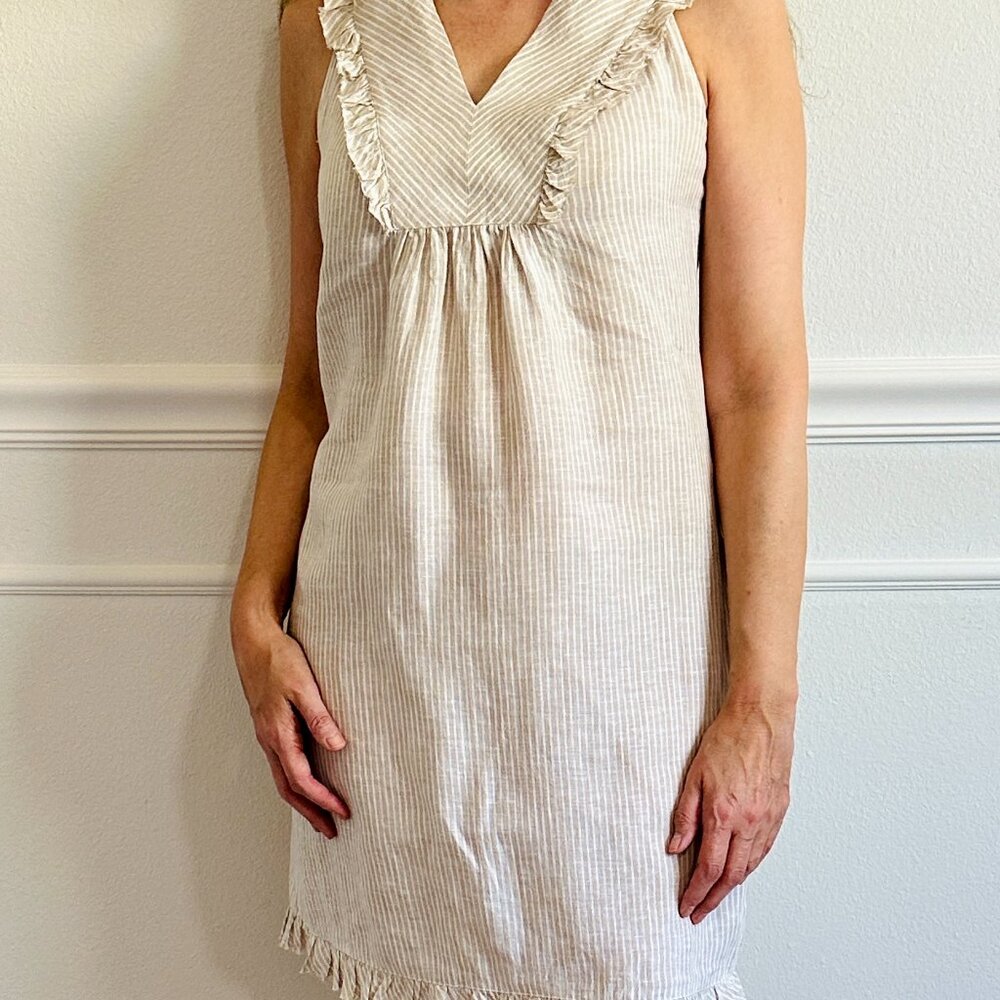 Vineyard Vines beige/white striped linen ruffle dress